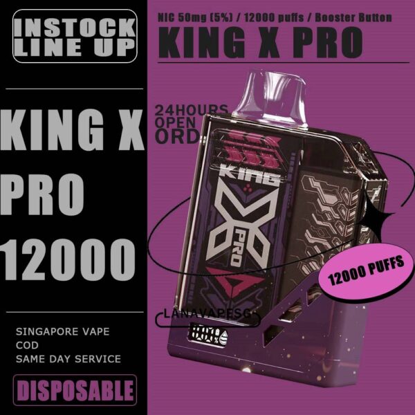 KING X PRO 12000 DISPOSABLE The King X Pro 12000 Disposable is a high-capacity vape device offering approximately 12,000 puffs. With a nicotine concentration of 50mg (5%), it features a child-lock safety mechanism and a booster button for enhanced vaping experiences. This King-X 12k Puffs rechargeable pod device comes with a rechargeable battery and a charging port, ensuring convenience and longevity in use. Offering a prolonged vaping experience, it’s designed for those seeking extended use without the hassle of frequent replacements. Bundle Set OPTION⚠️ FREE DELIVERY 5 x Pcs - SGD 110 ! ($22 EACH) 10 x Pcs - SGD 210 $ ($21 EACH) Specifition : Nicotine 50mg (5%) Approx. 12000 puffs Child-Lock Safety Booster Button Rechargeable Battery Charging Port: Type-C ⚠️KING X PRO 12K PUFFS DISPOSABLE FLAVOUR⚠️ Fresh Watermelon Juice Solero Ice Cream Peanut Butter Choco Strawberry Cheesecake Lychee Berries Rootbeer Guava Grape Watermelon Candy Mango Guava Watermelon SG VAPE COD SAME DAY DELIVERY , CASH ON DELIVERY ONLY. ORDER BEFORE 5PM , SAME DAY NIGHT SLOT 7PM – 10PM RECEIVED PARCEL. TAKE BULK ORDER /MORE ORDER PLS CONTACT US : LANAVAPESG WHATSAPP VIEW OUR DAILY NEWS INFORMATION VAPE : LANAVAPESG CHANNEL