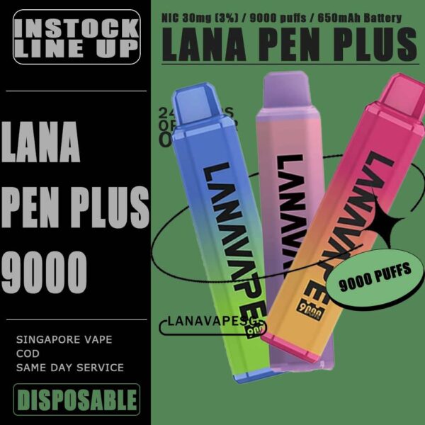 LANA PEN PLUS 9000 / 9K DISPOSABLE The Lana Pen Plus 9000 Puffs disposable vape is cool design and it is rechargeable. It contains nicotine salt e-juice and vapes up to 9k puffs , There are many flavours for you to choose from. The Lana Pen Plus 9k rechargeable port at the bottom of the device guarantees you finish the last drop of the e-juice in the tank every time. The Lana Pen Plus it is welcome by many vapers due to the vaping taste and the appearance, the LED Flash will change color when vaping, looks cool too. Specifition : 9000 Puffs E-Liquid Capacity: 15ml Battery Capacity: 650mAh 3% Nicotine Rechargeable: USB Type-C charger LED Flashing Light ⚠️LANA PEN PLUS 9000 DISPOSABLE FLAVOUR⚠️ Cantaloupe (Honeydew) Passion Fruit Grape Lychee Strawberry Milk Watermelon Apple Mixed Fruit Blue Raspberry Pomegranate Taro Ice Cream Frozen Bubblegum Frozen Strawberry Kiwi Frozen Lychee Frozen Grape Frozen Sea Salt Lemon Frozen Passion Fruit Frozen Super Mint Frozen Strawberry Watermelon Frozen Watermelon Frozen Tie Guan Yin Pomelo Blackcurrant Mint Mango Peach Kiwi Passion Guava Mint SG VAPE COD SAME DAY DELIVERY , CASH ON DELIVERY ONLY. ORDER BEFORE 5PM , SAME DAY NIGHT SLOT 7PM – 10PM RECEIVED PARCEL. TAKE BULK ORDER /MORE ORDER PLS CONTACT US : LANAVAPESG WHATSAPP VIEW OUR DAILY NEWS INFORMATION VAPE : LANAVAPESG CHANNEL