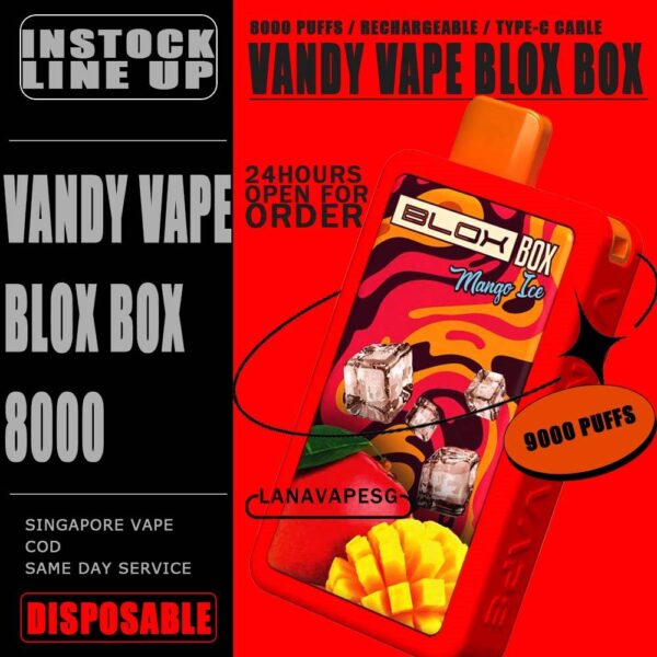 VANDY VAPE BLOX BOX 8000 / 8K DISPOSABLE The VANDY VAPE BLOX BOX 8000 / 8K DISPOSABLE in our Vape Singapore – LanaVapeSg Ready Stock on sale , Get it now with us and same day delivery . Specification : Approx.8000 Puffs Rechargeable Battery Charging Port: Type-C ⚠️VANDY VAPE BLOX BOX 8000 DISPOSABLE FLAVOUR⚠️ Chocolate Waffle Mango Ice Passion Fruit Syrup Bandung Solero Ice Cream Watermelon Ice Taro Ice Cream Movie Popcorn Peanut Butter Strawberry SG VAPE COD SAME DAY DELIVERY , CASH ON DELIVERY ONLY. ORDER BEFORE 5PM , SAME DAY NIGHT SLOT 7PM – 10PM RECEIVED PARCEL. TAKE BULK ORDER /MORE ORDER PLS CONTACT US : LANAVAPESG WHATSAPP VIEW OUR DAILY NEWS INFORMATION VAPE : LANAVAPESG CHANNEL