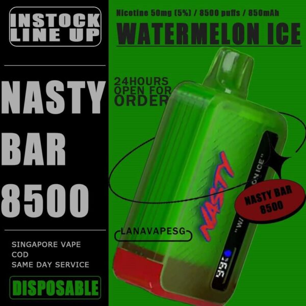NASTY BAR 8500 / 8.5K DISPOSABLE The NASTY BAR 8500 / 8.5k DISPOSABLE in our Vape Singapore - LANAVAPESG Ready stock on sale , Get it now with us and same day delivery ! Specification : Nicotine 50mg (5%) Approx. 8500 Puff Capacity 17ml Rechargeable Battery 650mAh E-liquid and Battery Display Screen Charging Port: Type-C ⚠️NASTY BAR 8500 DISPOSABLE FLAVOUR⚠️ Aloe Grape Berry & Grape Double Grape Juicy Peach Kiwi Passion Fruit Guava Pineapple Ice Strawberry Ice Triple Mango Watermelon Ice SG VAPE COD SAME DAY DELIVERY , CASH ON DELIVERY ONLY. ORDER BEFORE 5PM , SAME DAY NIGHT SLOT 7PM – 10PM RECEIVED PARCEL. TAKE BULK ORDER /MORE ORDER PLS CONTACT US : LANAVAPESG WHATSAPP VIEW OUR DAILY NEWS INFORMATION VAPE : LANAVAPESG CHANNEL