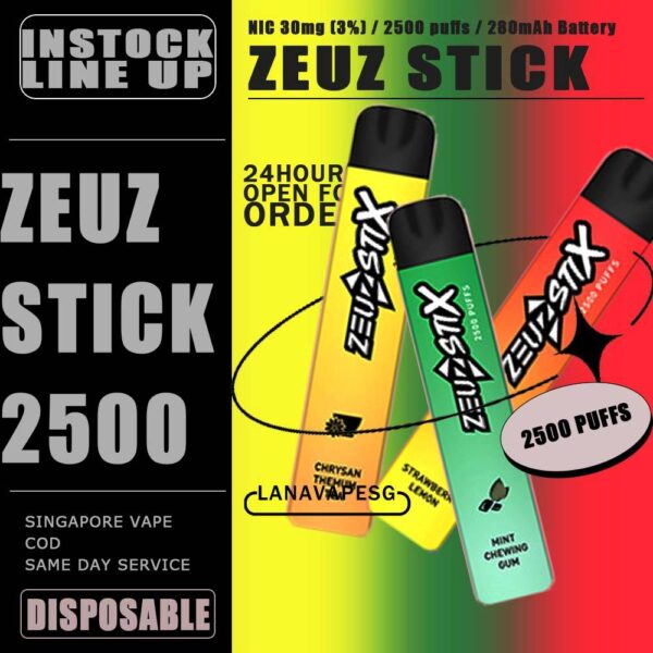 ZEUZ STICK 2500 / 2.5K DISPOSABLE The Zeuz Stick 2500 Puffs Disposable in our Vape Singapore - LANAVAPESG Ready stock on sale , Get it now with us and same day delivery ! Specification : Nicotine 30mg (3%) Approx. 2500 Puffs Capacity 8ml Rechargeable Battery 280mAh Charging Port: Type-C ⚠️ZEUZ STICK 2500 DISPOSABLE FLAVOUR⚠️ Amazing Mango Chrysanthemum Tea Tie Guan Yin White Grape Oolong Tea Red Bull Mint Chewing Gum Mineral Water Solero Lime Sea Salt Lemon The Real Rootbeer Vanilla Coke Strawberry Watermelon Peach Strawberry Lemon Grape Bubblegum Watermelon Lychee Sour Apple SG VAPE COD SAME DAY DELIVERY , CASH ON DELIVERY ONLY. ORDER BEFORE 5PM , SAME DAY NIGHT SLOT 7PM – 10PM RECEIVED PARCEL. TAKE BULK ORDER /MORE ORDER PLS CONTACT US : LANAVAPESG WHATSAPP VIEW OUR DAILY NEWS INFORMATION VAPE : LANAVAPESG CHANNEL